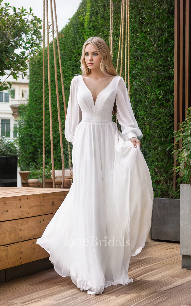 Simple Flowy A-Line Chiffon Corset Wedding Dress with Sleeves Ethereal Casual Beach Garden Outdoor V-Neck Sweep Train Bridal Gown
