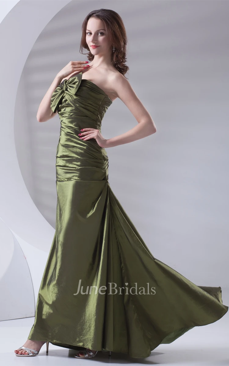 strapless ankle-length satin dress with ruched bodice and bow
