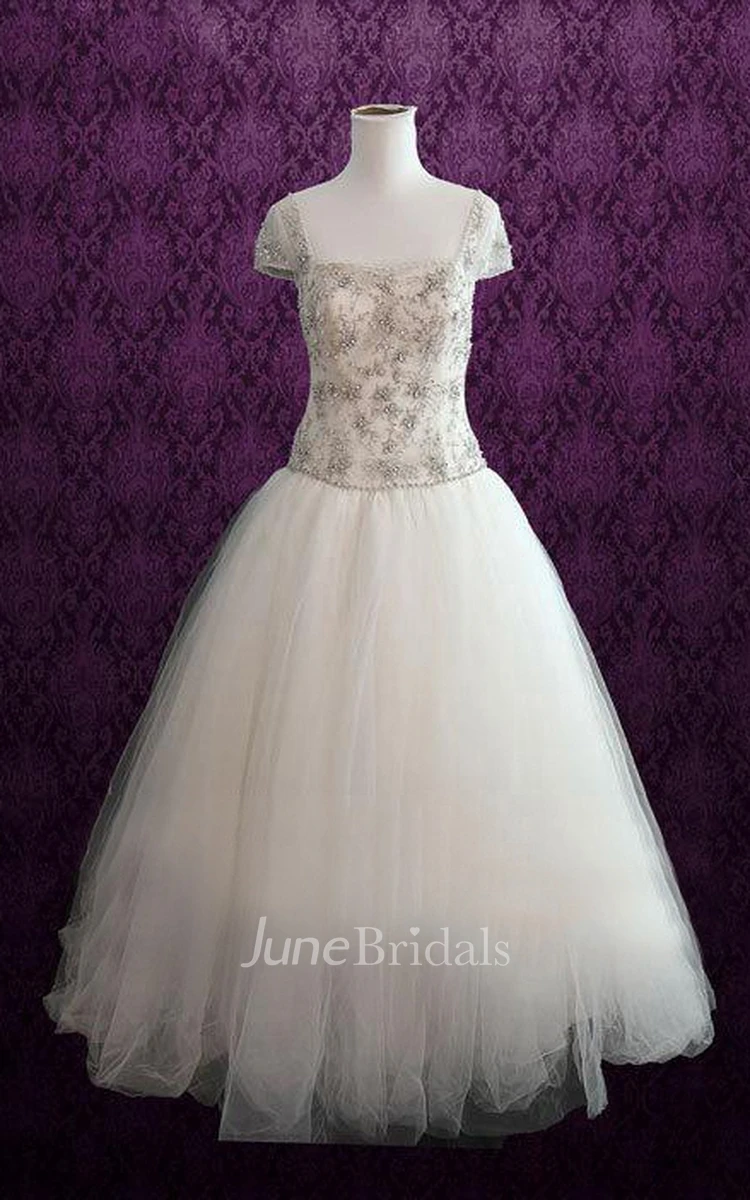 Ball Gown Cap Sleeve Backless Tulle Dress With Beading Embroideries
