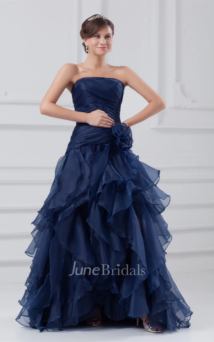 Strapless Front-Split Ruffled Dress with Flower and Brush Train