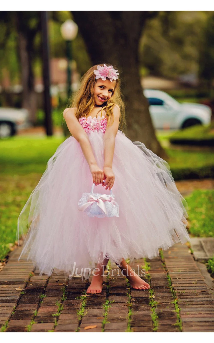 Light Pink Sleeveless Flower Bodice Tulle Flower Girl Dress