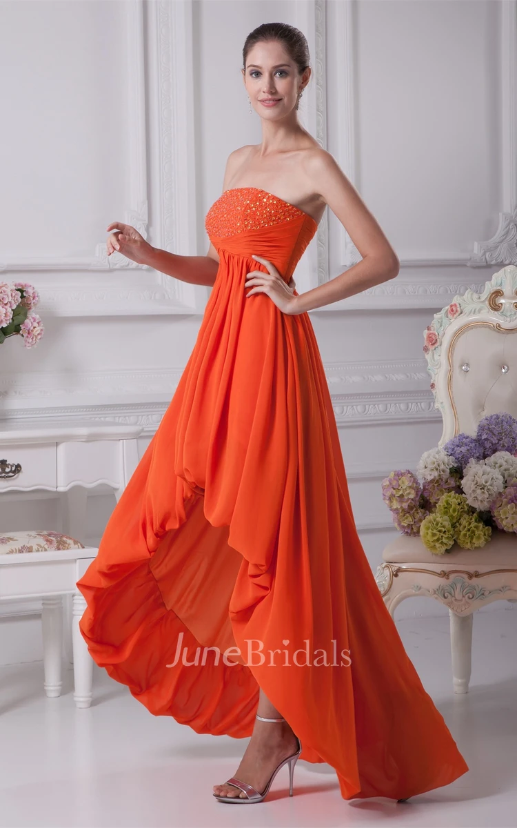Strapless Gemmed High-Low Chiffon Dress with Pleats