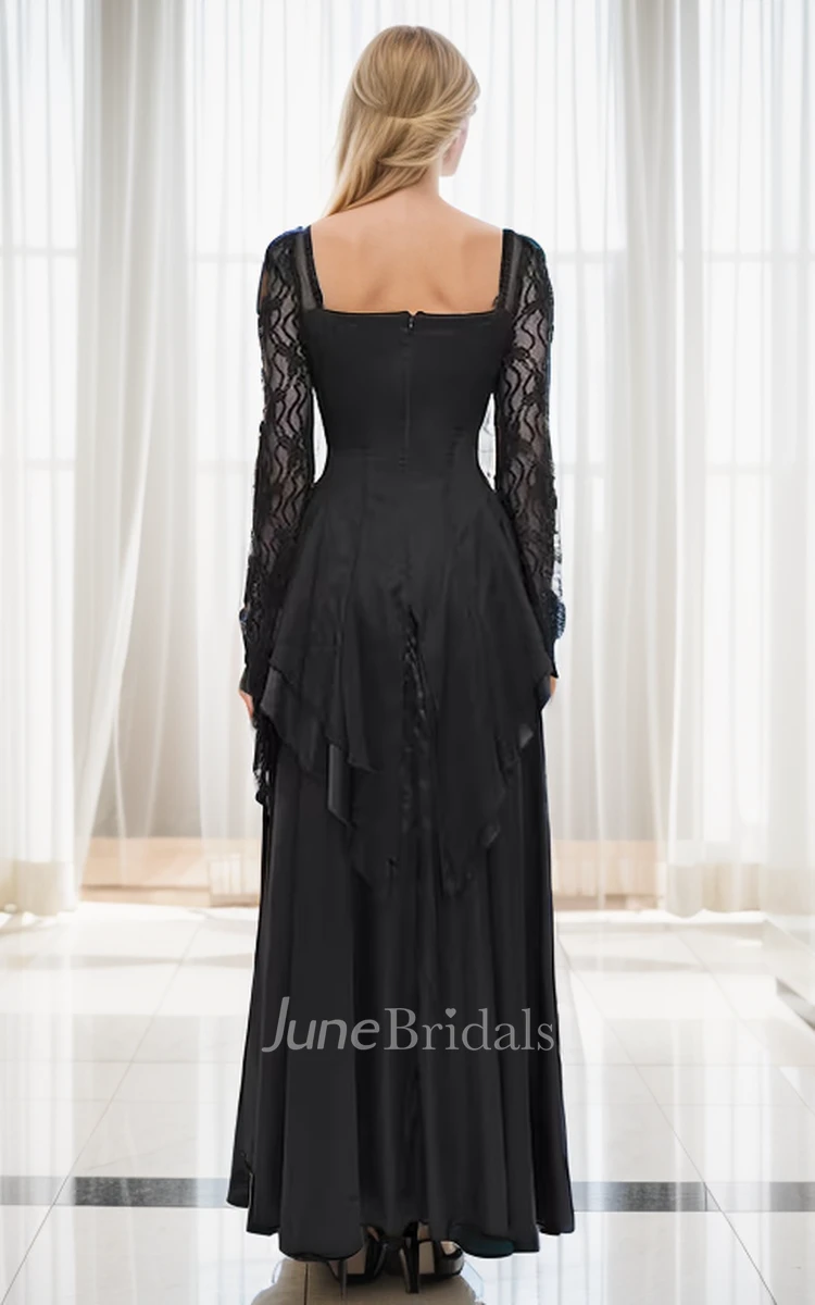 Sheath Simple Floor-length Black Garden Wedding Dress with Illusion Long Sleeve