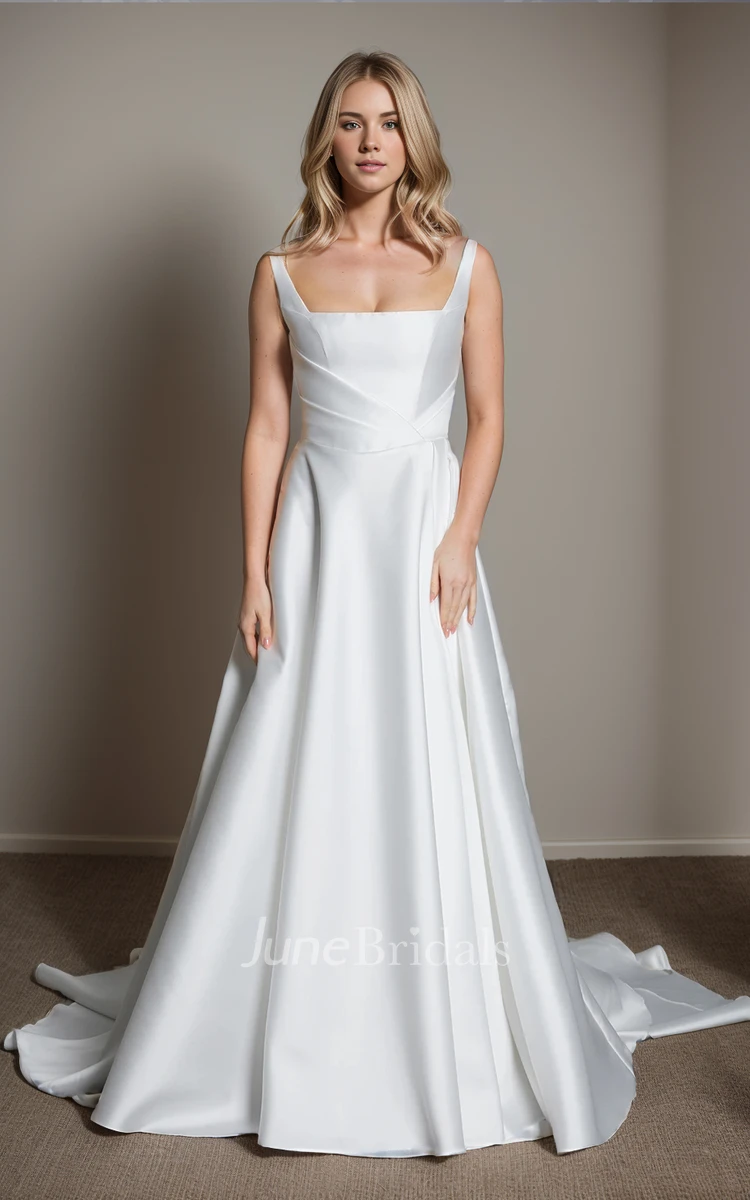 Modern Elegant Square Straps Neck A-Line Floor-length Satin Wedding Gown Simple Solid Sleeveless Draping Pleats with Train Zipper Back with Button Bridal Dress