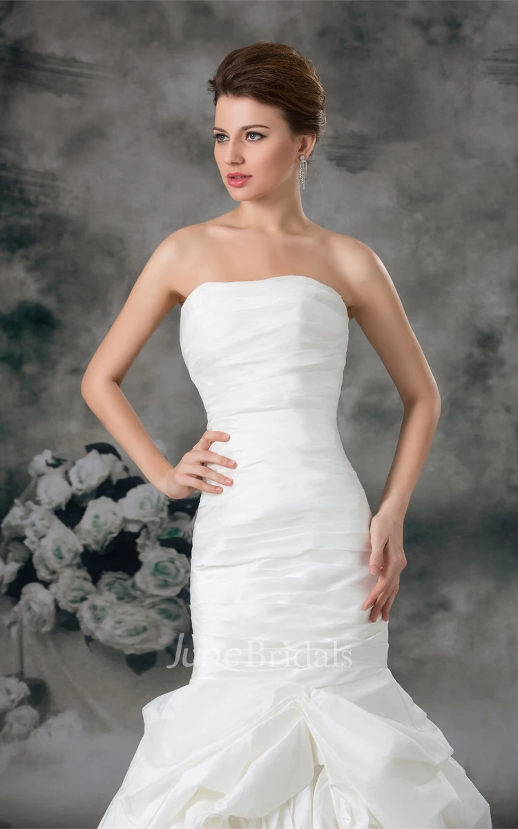 strapless a-line column gown with ruffled skirt and ruching