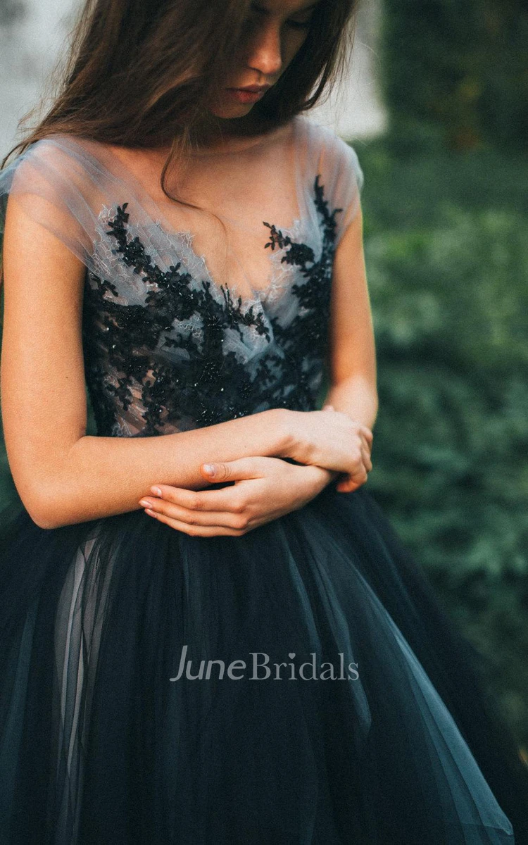 Non-Traditional A-Line Lace Black and Grey Wedding Dress Illusion Tulle Spaghetti Straps Court Train Bridal Gown