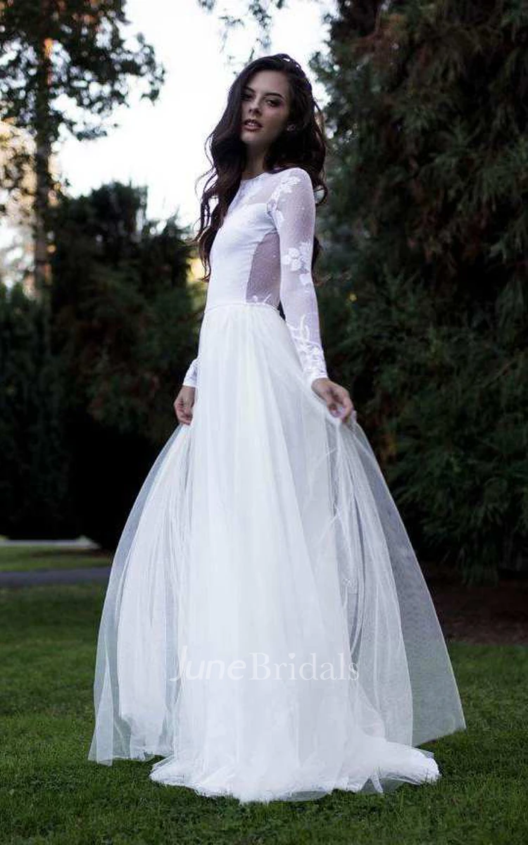 Bateau Long Sleeve Tulle Appliqued Wedding Dress