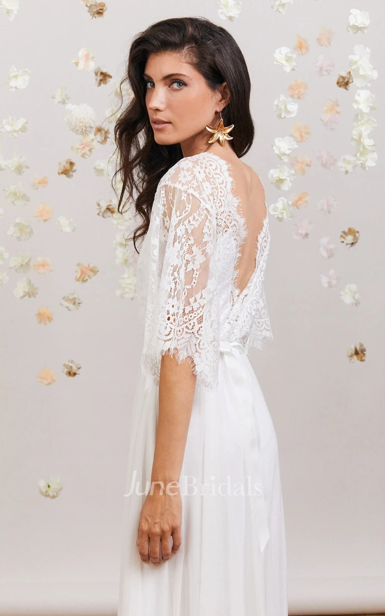 Elegant Romantic Bohemian Lace Wedding Dress with Deep V Neck Open Back Flowy Bridal Gown