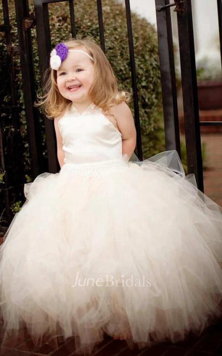 Tulle&Lace&Satin Dress With Flower Sash Ribbon and Ruffles