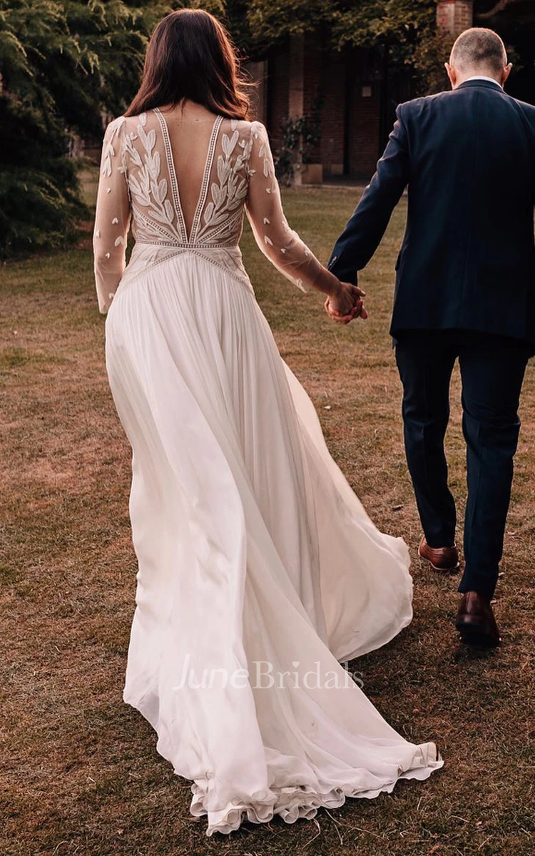 Bohemian Plunging Neckline A-Line Chiffon Wedding Dress With Open Back And Appliques