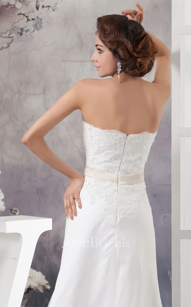 Strapless A-Line Beaded Dress with Lace and Brush Train