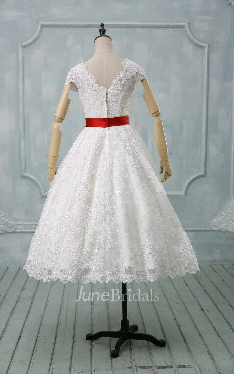 Scalloped Tea-Length Wedding Dress With Sash And Cap Sleeve