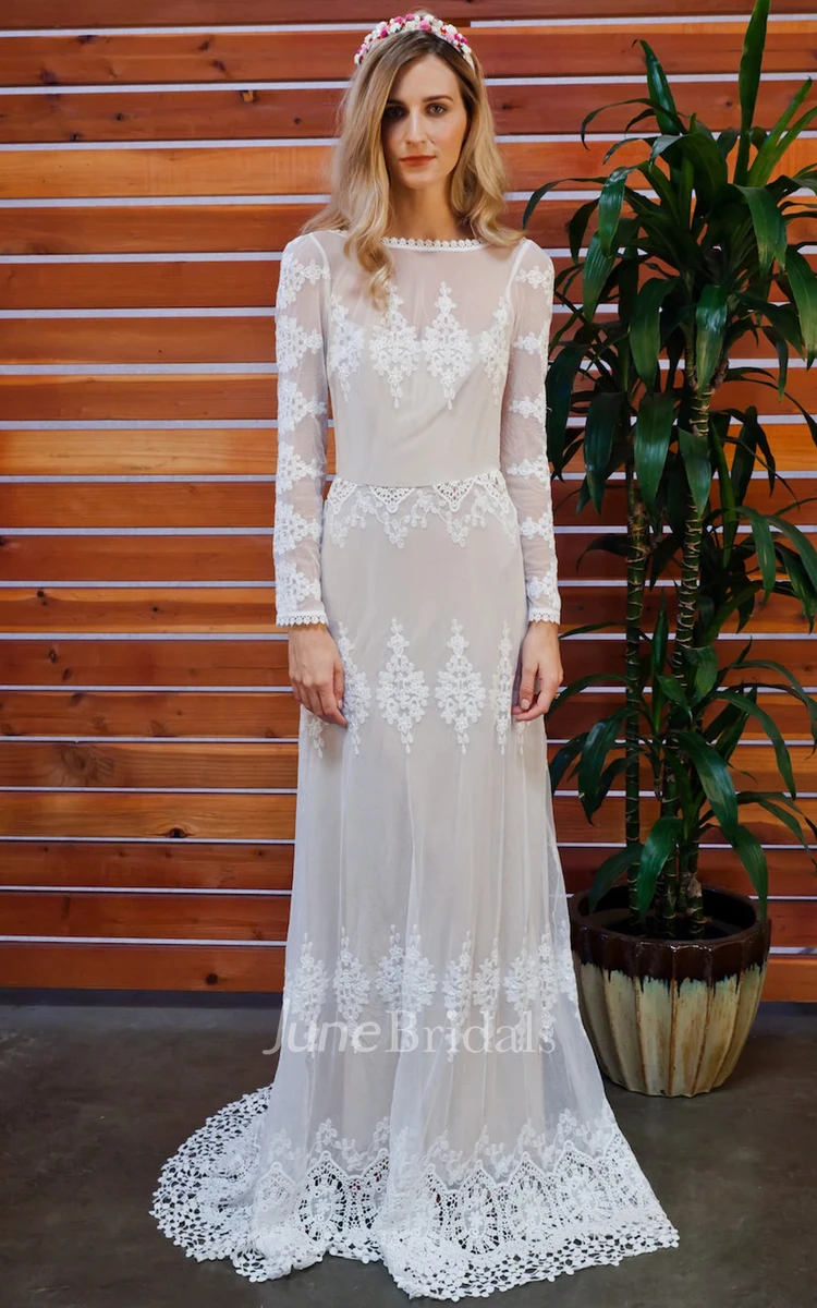 Fall Vintage Sheath Boho Lace Long Sleeve Wedding Dress Floral Casual Country Low Back High Neck Barn Bridal Gown with Sweep Train