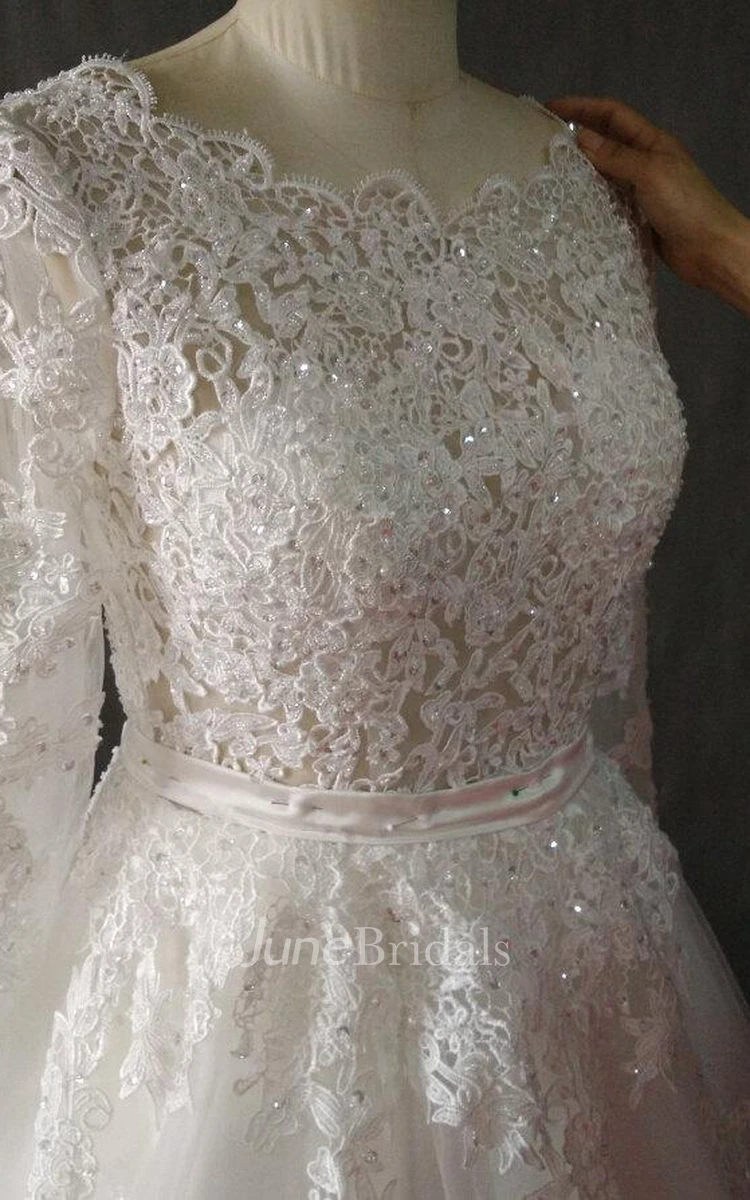 Bateau Long Sleeve Tea-Length Tulle Dress With Beading And Appliques