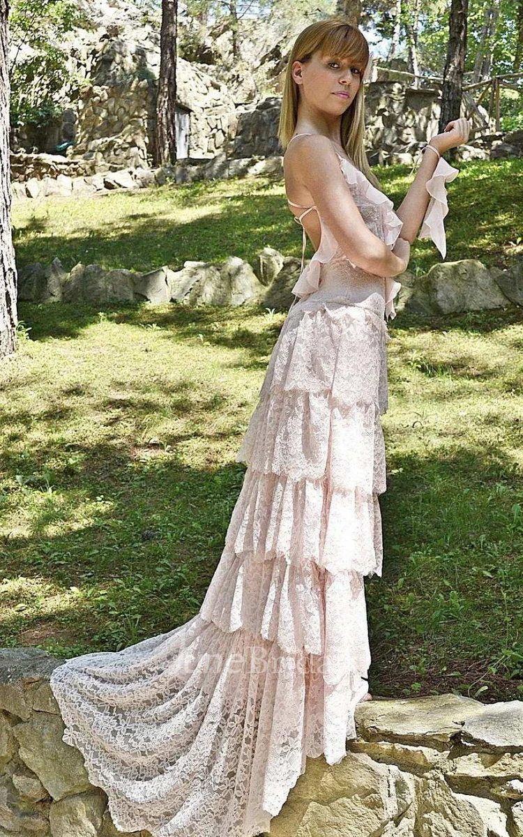 Spaghetti Tired Lace Vintage Wedding Dress With Sweep Train