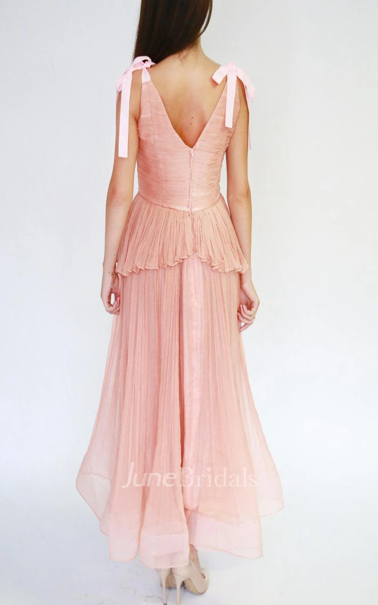 Salmon Blush Tea Length Wedding Gown Pleated Boho Style Bohemian Wedding Beach Wedding Wedding Gown Dress