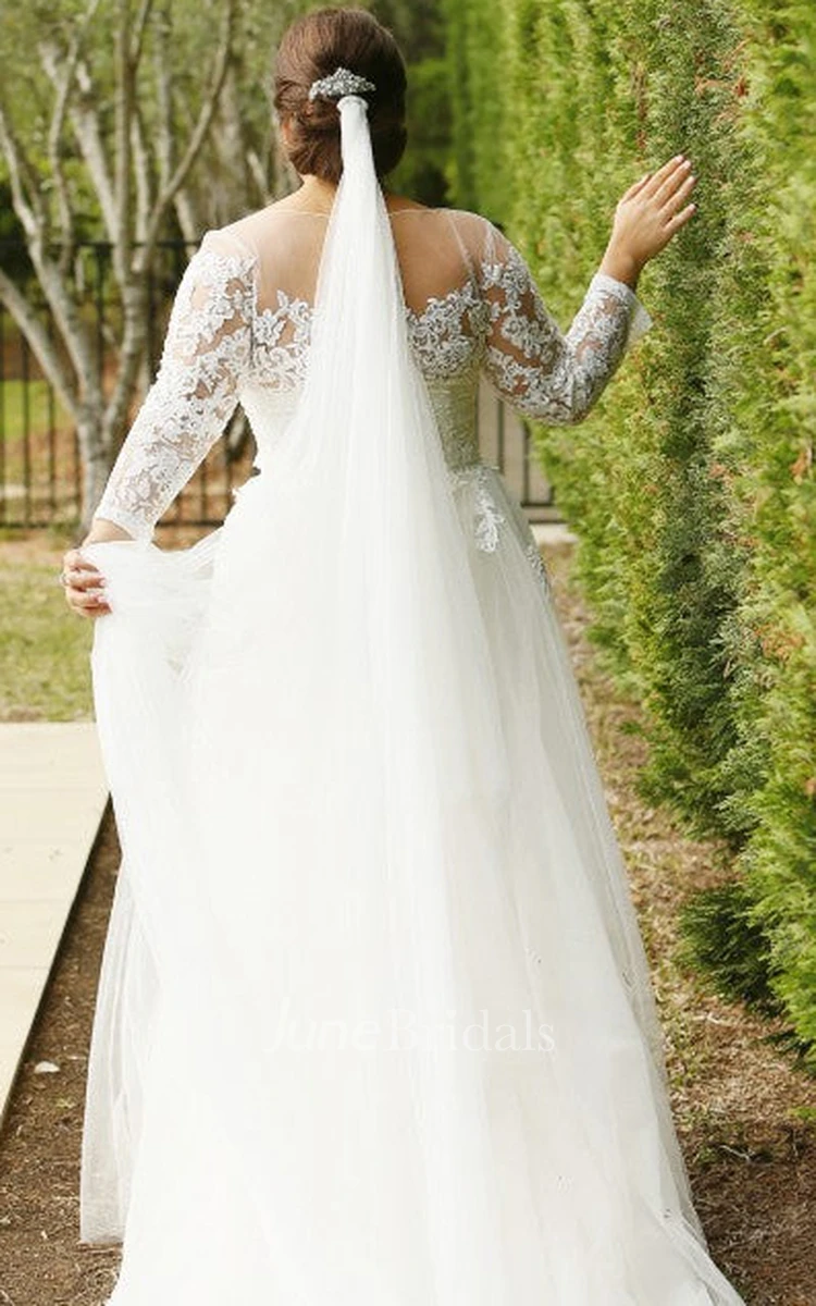 Modest Plus Size Long Sleeve Lace A Line Illusion Wedding Dress with Appliques