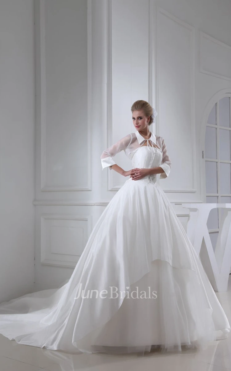 Noble Pleated A-Line Ball Gown With Collar and Illusion Sleeve