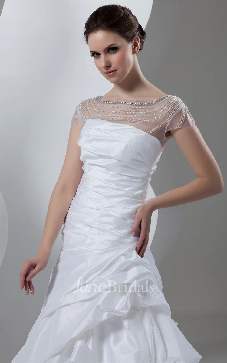 Caped-Sleeve Pick-Up A-Line Gown with Ruching and Illusion Neckline