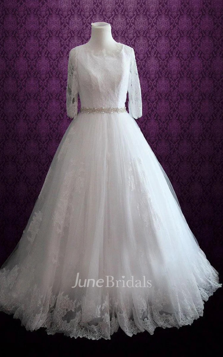 Delicate 3-4 Sleeve Bateau Neck Wedding Gown With Beading Sash