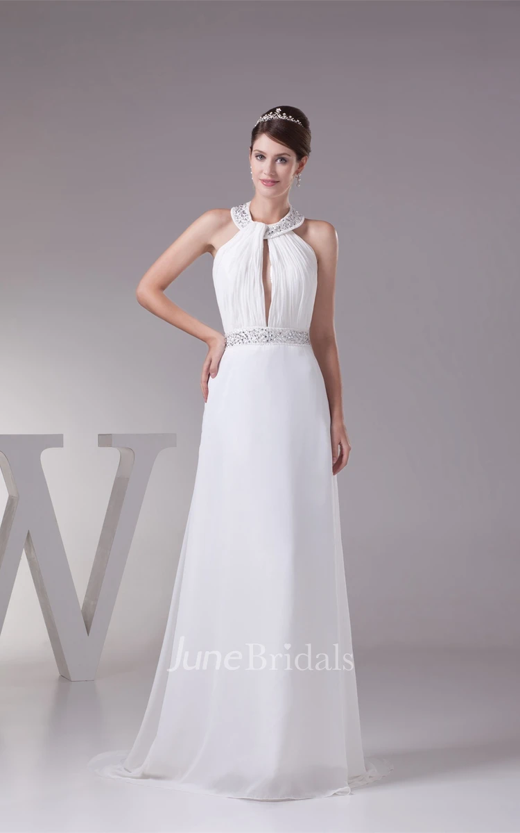 Sleeveless Ruched Sheath Dress with Collar and Beaded Waist