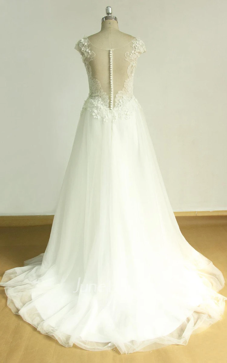 A-Line Tulle Lace Satin Weddig Dress With Flower