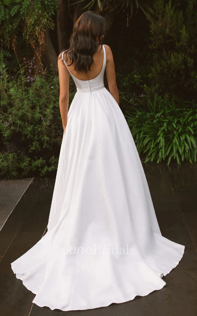 Solid A-Line Scoop Neck Straps Satin Wedding Dress Floor-length Sleeveless Button Back Bridal Gown