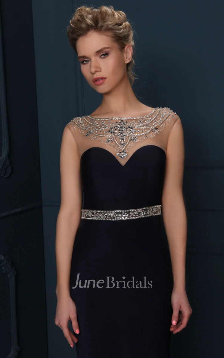 Cap Sleeve Jewel Neck Beaded Jersey Evening Dress