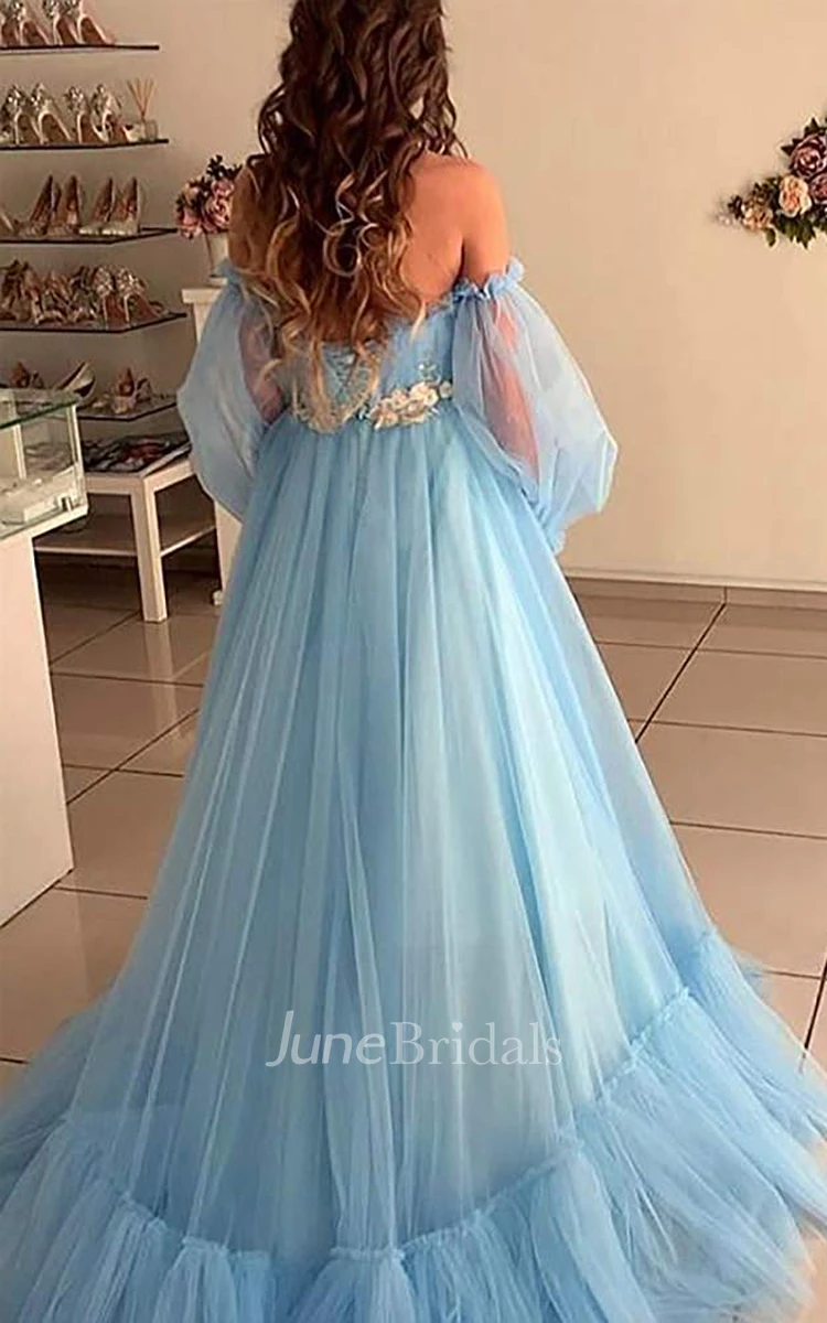 Ethereal Ball Gown Tulle Off-the-shoulder Long Sleeve Formal Dress with Ruching