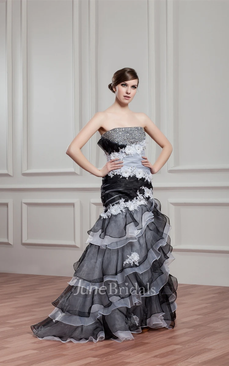 Black-And-White Tiered A-Line Gown with Flower and Rhinestone