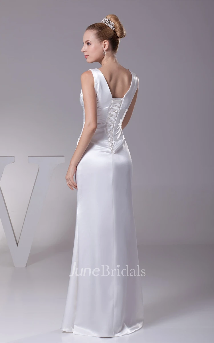 Plunged Central-Ruched Sheath Dress with Ribbon and Corset Back