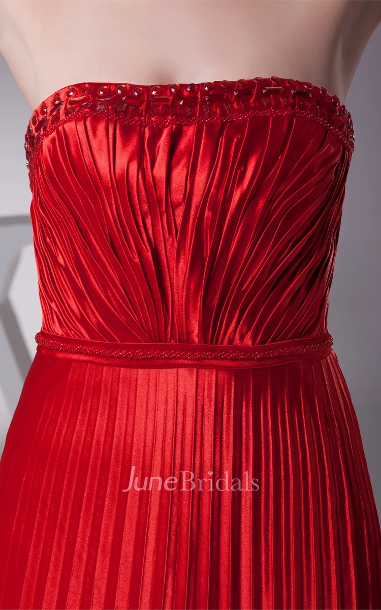 Flamboyant Strapless Pleated Dress with Ruching and Beading