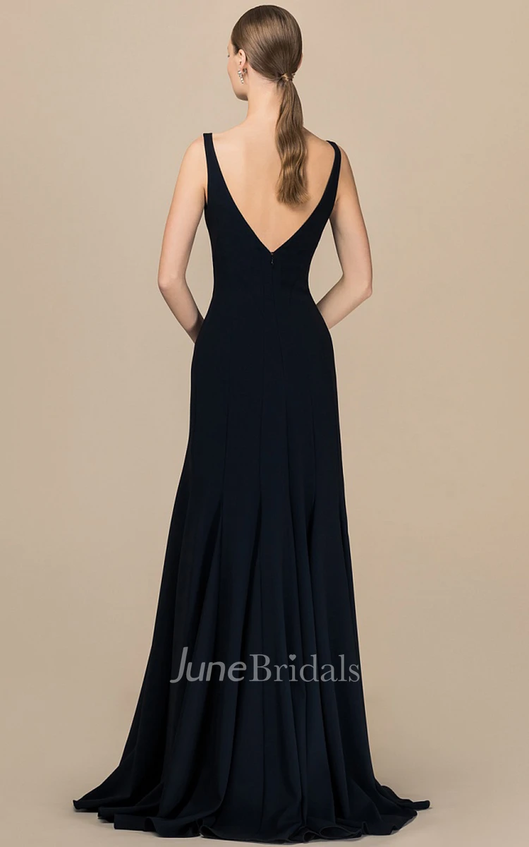 Casual A Line Sleeveless Satin V-neck Deep-V Back Floor-length Prom Dress