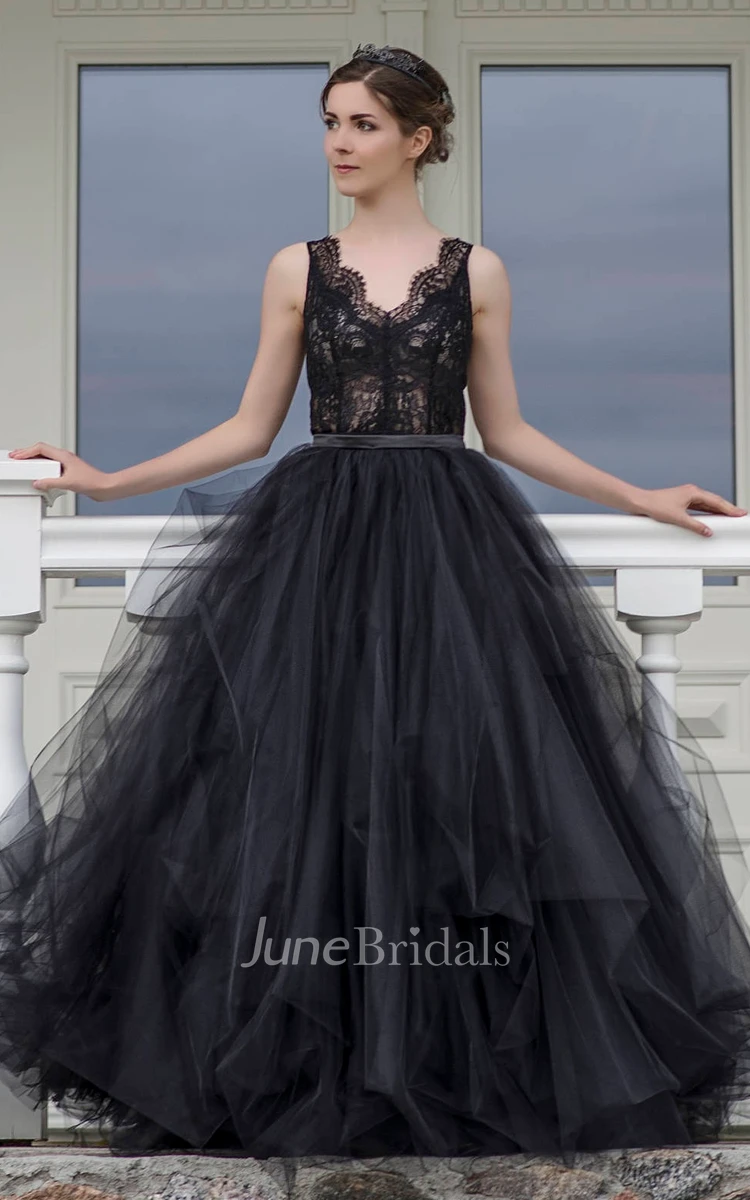 A-Line Straps Floor-length Sleeveless Low-V Back Lace With Ruffles Sash/Ribbon Black Wedding Dress