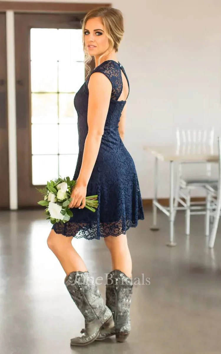 Romantic Adorable Short Mini Sheath Square Lace Simple Sleeveless Keyhole Bridesmaid Dress 
