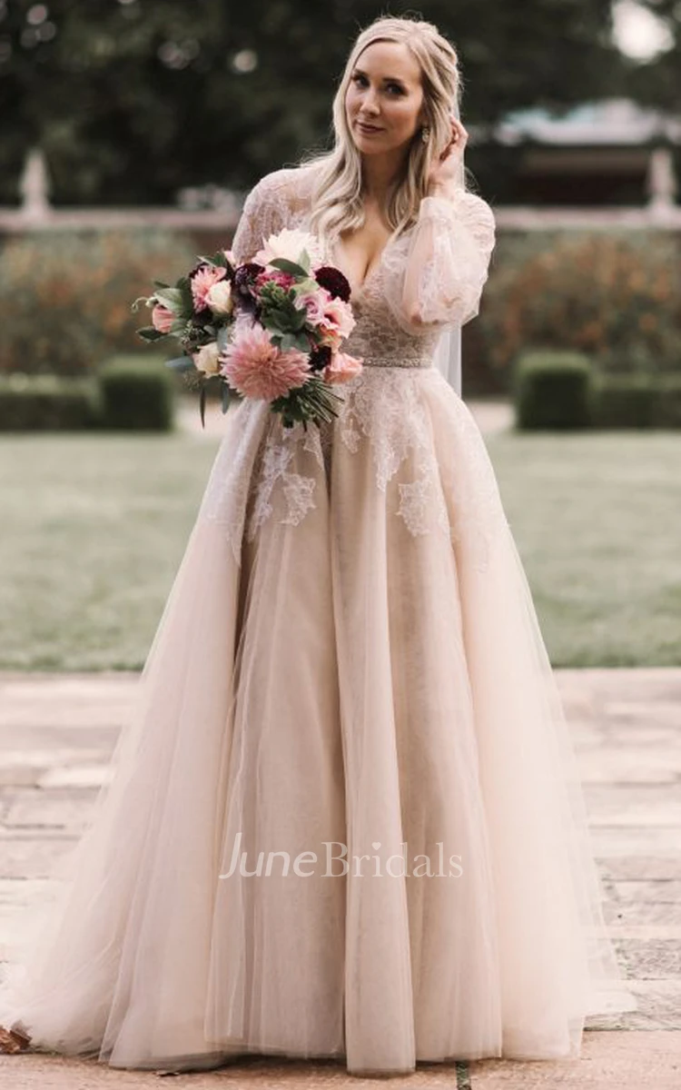 Ethereal Plus Size Floor-length Train Long Sleeve Lace A Line Wedding Dress with Appliques