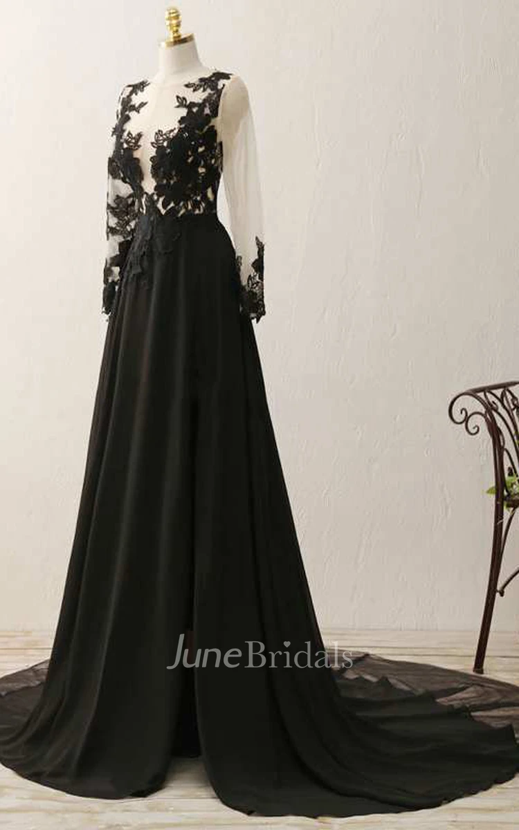 Illusion Lace Long Sleeve A-line Long Chiffon Gown