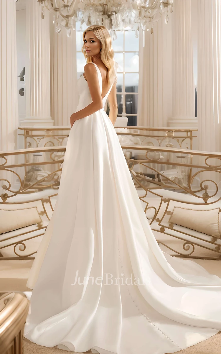 Simple Elegant A-Line Wide Strap Deep V-Neck Wedding Dress Classic Minimalist Low Back Court Train Sleeveless Split Front Bridal Gown