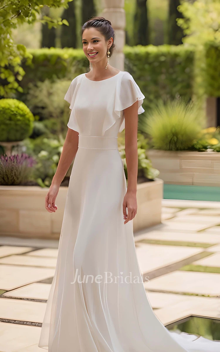 Modern Simple A-Line Butterfly Sleeve Wedding Dress Romantic Flowy Round Neckline Criss Cross Strap Back Court Train Garden Beach Bridal Gown