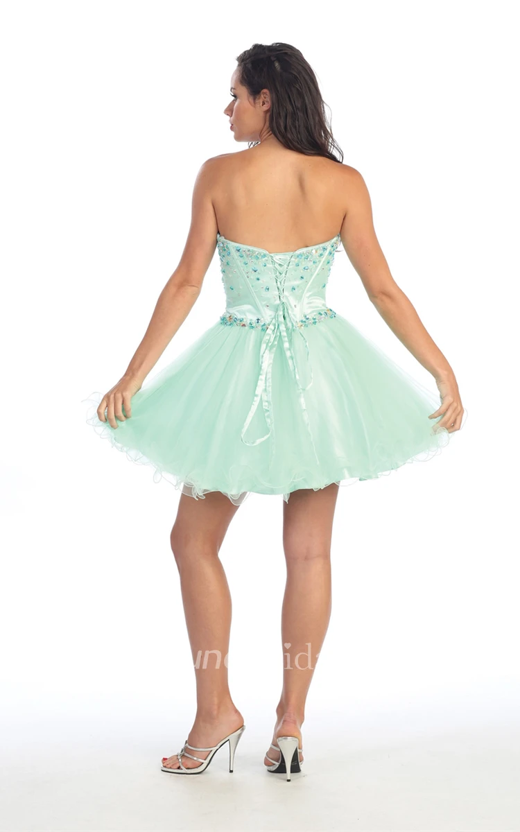 A-Line Short Sweetheart Sleeveless Tulle Corset Back Dress With Ruffles And Beading