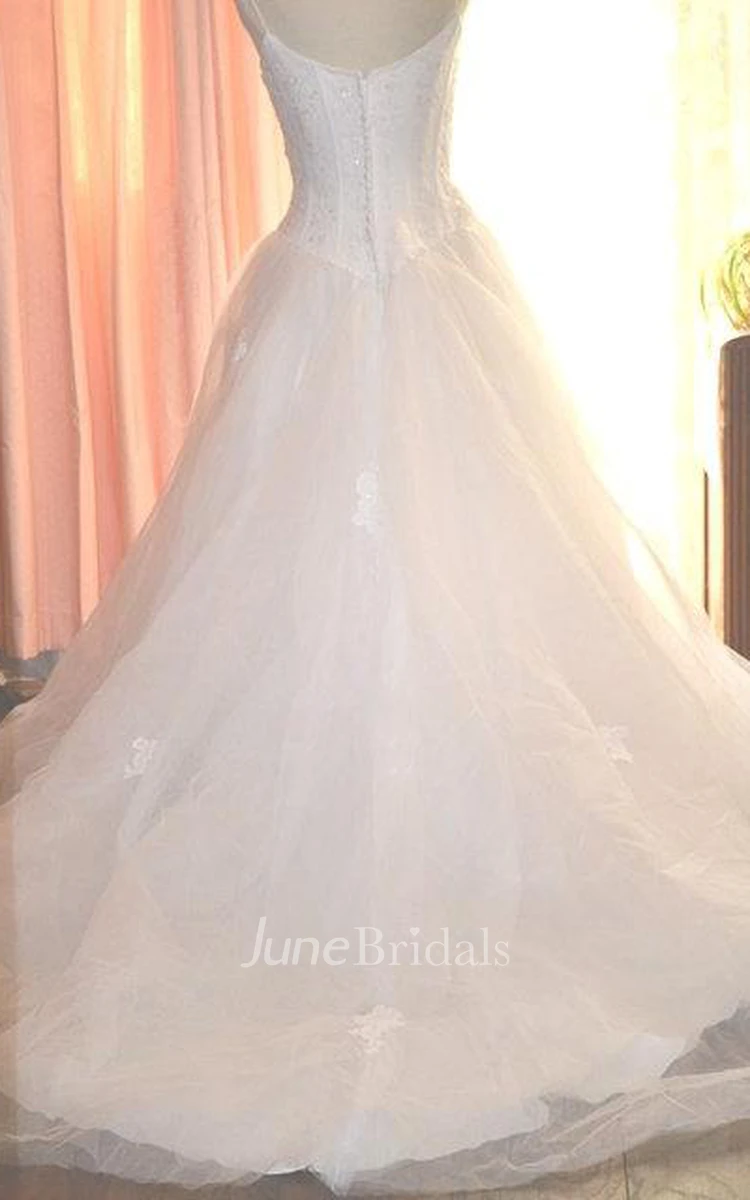 Vintage Spaghetti Strap Pleated Tulle Wedding Gown With Corset Lace Bodice