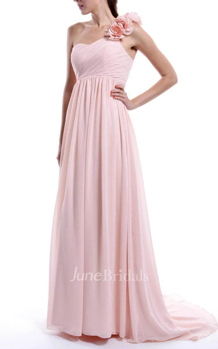 A-line Empire One-shoulder Strapped Chiffon Dress With Flower