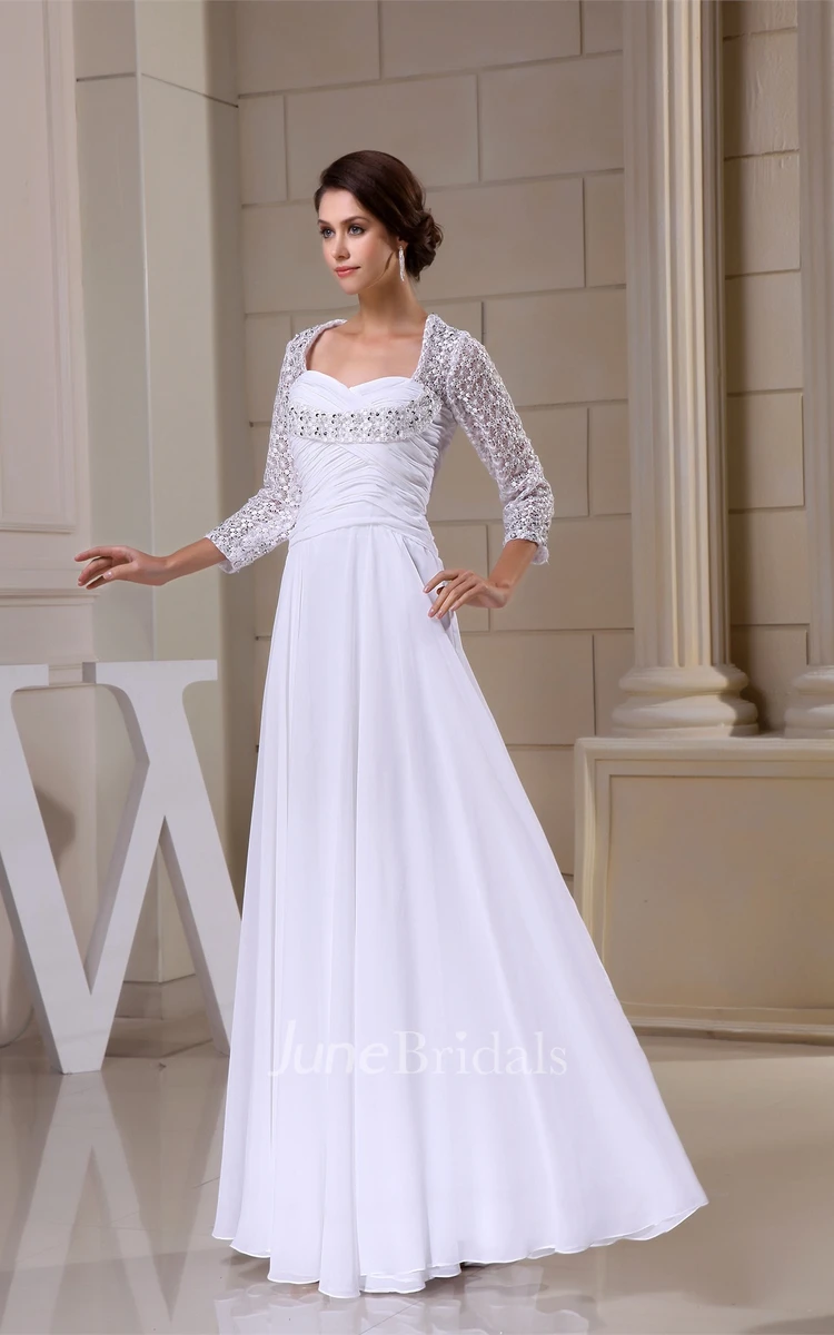 Long-Sleeve Criss-Cross Pleated Dress with Appliques and Keyhole Back