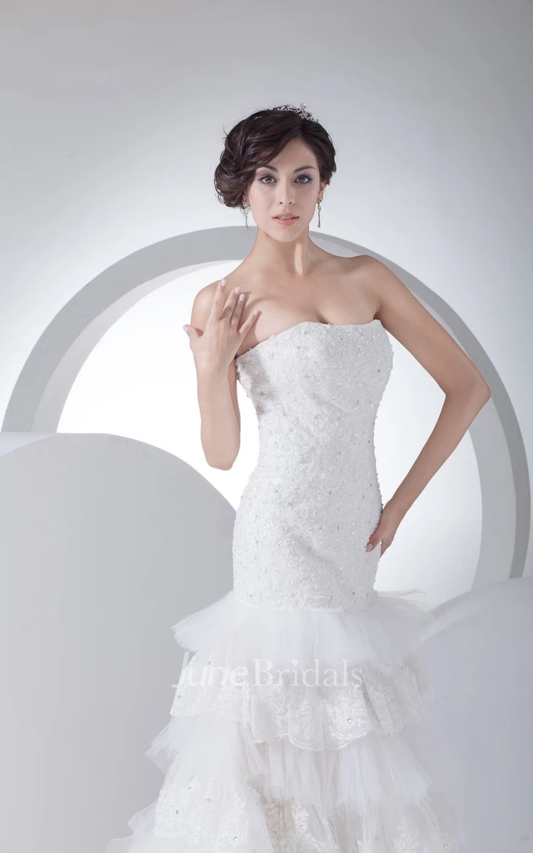 Intricate Strapless Column Dress With Tiers and Beaded Bodice