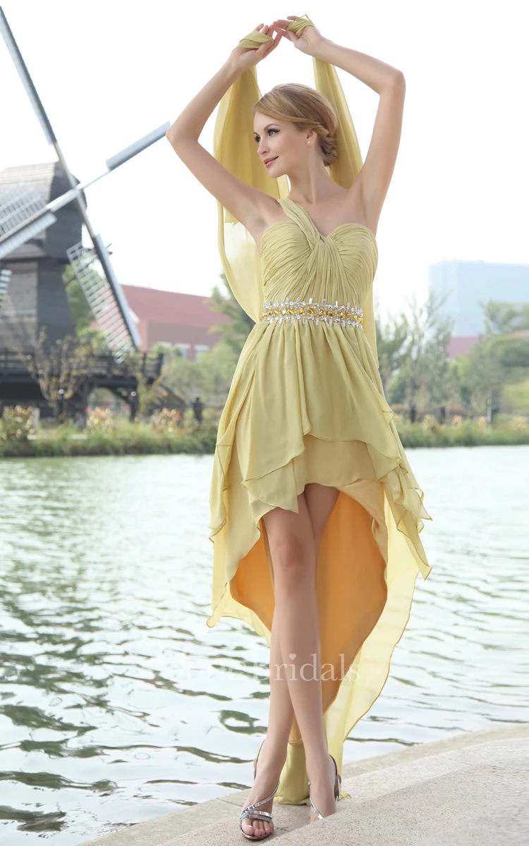 High-Low Asymmetrical One-Shoulder Dress With Beaded Waistband