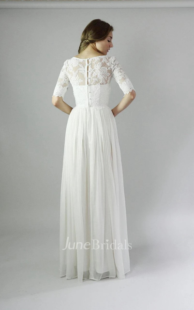 Modest Half Sleeves Button Back A-Line Chiffon Wedding Dress With Lace And Pleats