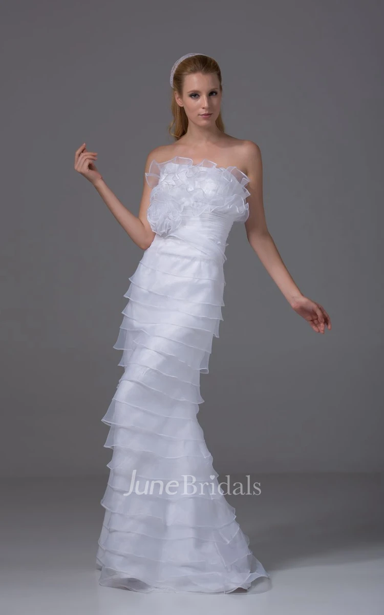 Strapless Organza Tiered Floor-Length Dress With Flower