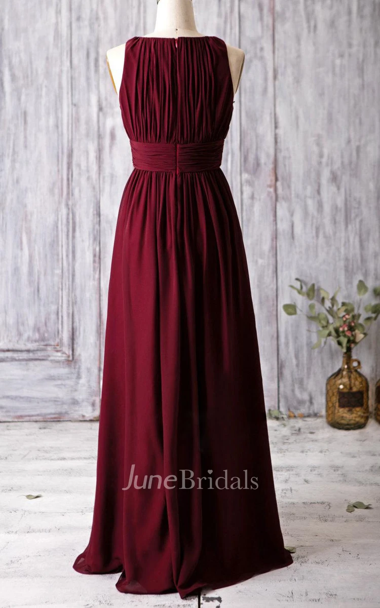 Jeweled-neck Floor-length Dress With Ruching and Sash