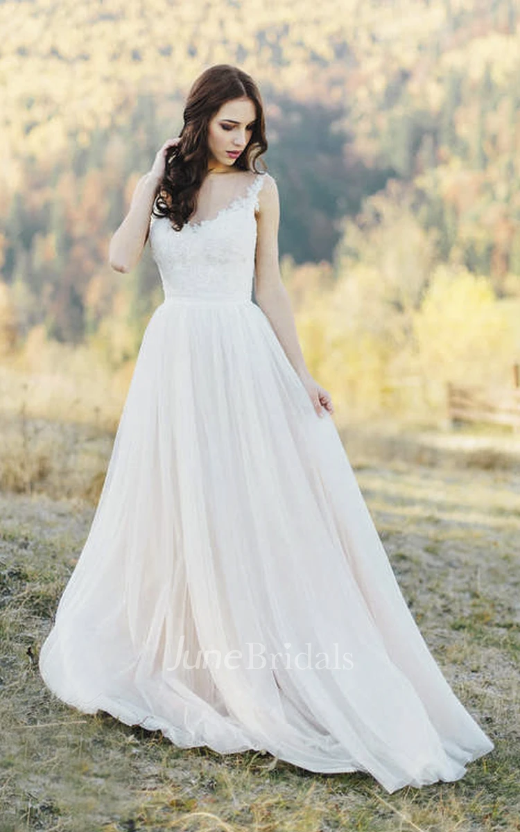 Tulle Sleeveless Illusion Bateau Neck Wedding Dress With Lace Detailed Top And Illusion Back