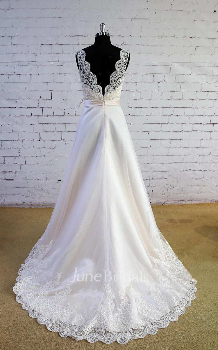 V-Neck Sleeveless Long A-Line Satin and Tulle Wedding Dress